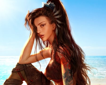 Wild beauty - feather, beauty, beach, da congjun, girl, fantasy, dacongjun, tattoo, wild, sea, asian