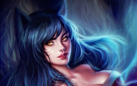 Ahri - girl, fantasy, face, fox, game, luminos, blue, league of legends, loputon, nine tails, ahri