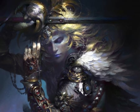 Guilty sight - fantasy, wings, sword, angel, wei feng, man, art, luminos