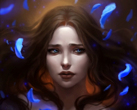 Strenght - fantasy, blue, girl, face, petals, art, luminos, loputon