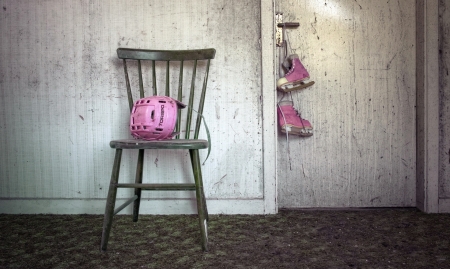 Pink stuff - skates, stuff, helmet, girl, chair