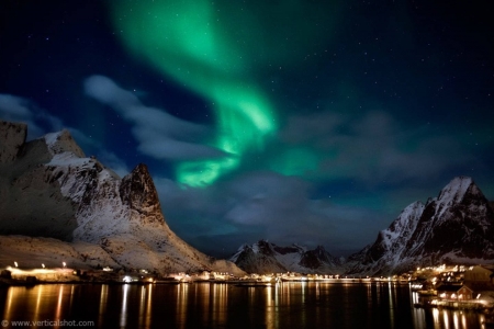 Northern Lights at Lofotes Islands, Norway - village, europe, lights, sea, mountains, reflection