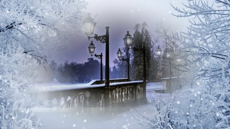 Winter Lampost Collage - lamp posts, winter, lights, collage, snow, forest, bridge, woods