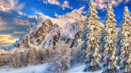 Winter landscape - sky, mountain, trees, landscape, hills, winter, rocks, forest, snow, beautiful, frost