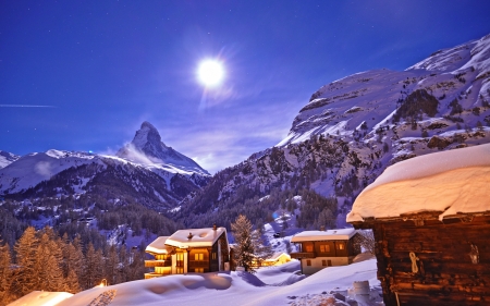 Mountain resort in winter - hotels, winter, beautiful, snow, resort, mountain, sun, sky