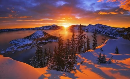 Arclight - trees, winter, amazing, beautiful, snow, landscape, island, reflection, sunset, rays, view, fiery, lake, sky