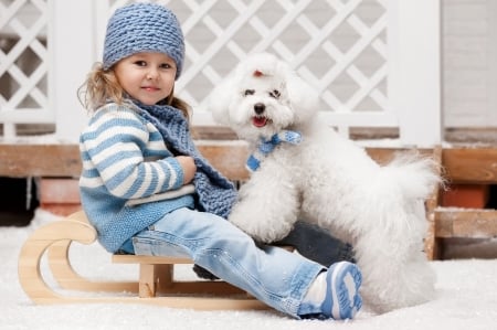 Little girl and puppy - hat, winter, blue, sleight, girl, dog, copil, child, white, animal, cute, caine, puppy, little