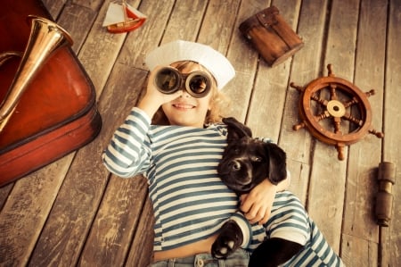 Little girl and puppy - summer, child, copil, animal, cute, black, caine, puppy, girl, wood, little, hat, dog