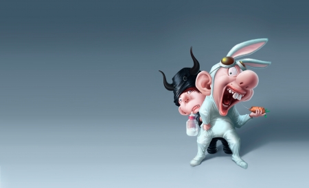 The little demon and the rabbit - rabbit, blue, ears, pink, bunny, caricature, funny, humour, demon