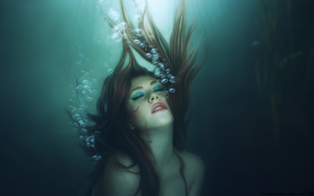 Mermaid - face, fantasy, mermaid, bubbles, girl, woman, underwater