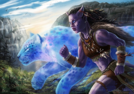 Leopard spirit - leopard, spirit, blue, run, girl, elf, fantasy, animal, race