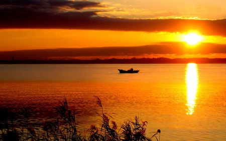 Boat in the Sunset - clouds, sunset, nature, boat, sea, reflection, sky