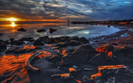 Rocky Shore at Dawn - nature, clouds, sunset, shore, rocks