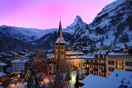 Zermatt, Switzerland - winter, alps, nature, town, snow, mountains, buildings