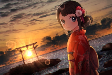 Sunset Scenery - gate, orginal, girl, kimono, japan, sunset, cute, torii, japanese