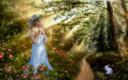 Rays of the Sun - woman, girl, fantasy, sun rays, art, rabbit, pretty, forest, beautiful, fairy, digital