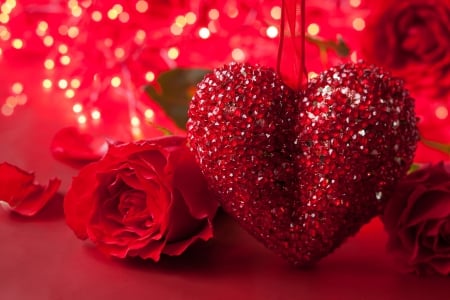 Happy Valentine's Day! - heart, red, glitter, valentine, trandafir, rose, card, flower