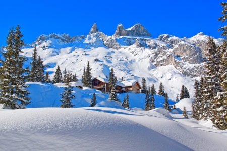 Winter in mountains - sky, slope, houses, landscape, hills, mountain, winter, snow, beautiful, cabin