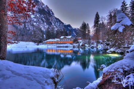 Blue lake-Switzerland - resort, landscape, reflections, beautiful, hills, hotels, frost, switzerland, blue, lake, dusk, north, trees, mountain