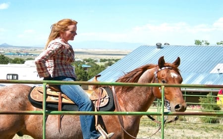 Redhead Rider.. - girls, women, style, fun, fence, redhead, female, cowgirl, boots, outdoors, western, corral, horse, ranch, barn