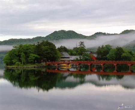 Akagi Shrine - shrine, oriental, japan, nature, scenery, mist, lake, japanese