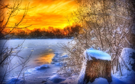 River Sunset - River, Winter, Sunset, Nature