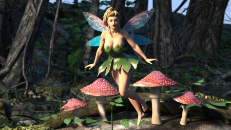 Fairy - fantasy, mushroom, green, rendering, girl, fairy, forest