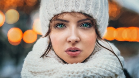 Beauty - woman, bokeh, hat, girl, eyes, winter, scarf, model, face, white, blue