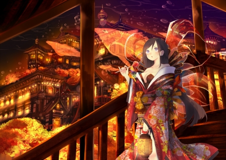 Princess - lantern, girl, anime, orange, kimono, ciabis, manga