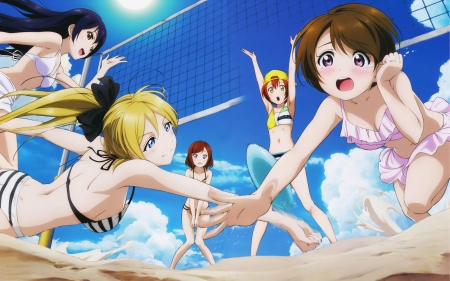 Love Live - girls, beach, female, swimsuit, love live, hanayo koizumi, volleyball, eli ayase, umi sonoda, bikini, beach volleyball, rin hoshizora, anime, school idol project, cute, maki nishikino