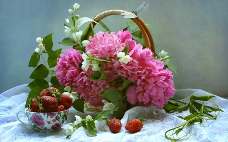 Still Life - flowers, basket, jasmine, strawberry, white, pink, peonies