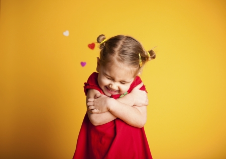 Sweet hug - hug, girl, yellow, red, child, copil, sweet, cute