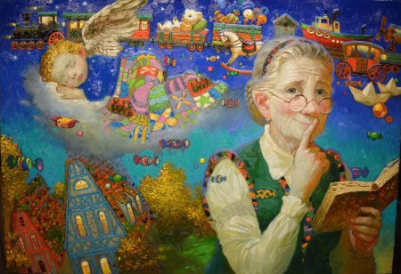 Grandmother's tales - grand-mother, childhood, angel, copil, child, dream, boy, pictura, fantasy, victor nizovtsev, painting, art