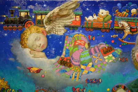 Sleeping like an angel - blue, angel, dream, boy, pictura, fantasy, train, victor nizovtsev, painting, wings, art