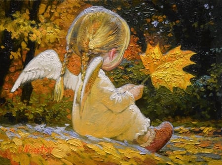 Angel - girl, angel, copil, orange, child, pictura, autumn, victor nizovtsev, painting, wings, leaf, art