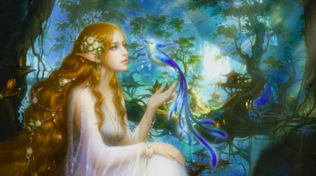 Bird of Paradise - woman, princess, girl, image, fantasy, bird, art, pretty, beautiful, blue, digital