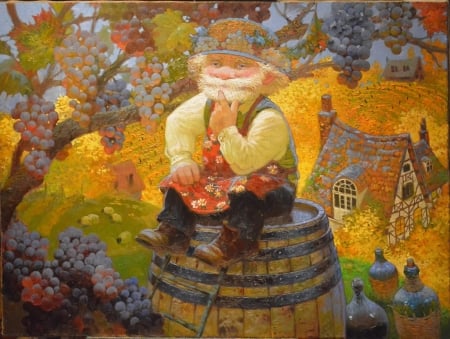 In the vineyard - vineyard, orange, grandfather, pictura, autumn, victor nizovtsev, painting, leaf, art