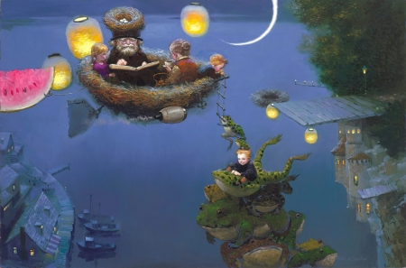 Summer's dream - summer, watermelon, tale, luna, lantern, fantasy, dream, child, water, victor nizovtsev, blue, art, lake, pictura, frog, moon, luminos, painting, grandfather, boy