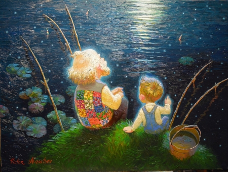 A fisher's tale - fisher, water, summer, copil, child, grandfather, pictura, victor nizovtsev, painting, lake, art