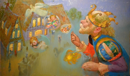 Grandfather's tales - yellow, tale, crown, grandfather, pictura, fantasy, king, victor nizovtsev, red, painting, art, luminos