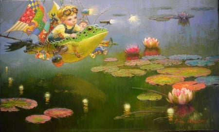 Summer dream - lotus, water, summer, copil, child, dream, boy, pictura, fantasy, victor nizovtsev, green, painting, lake, art, luminos, frog