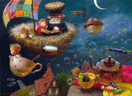 Grandfather's tales - teapot, copil, child, dream, grandfather, boy, art, luminos, luna, moon, cupcake, ship, girl, fantasy, pictura, nest, victor nizovtsev, painting, bubbles, cup