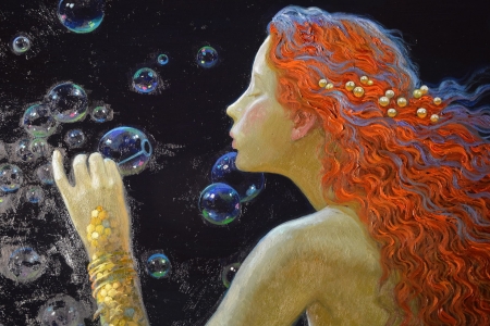 Mermaid - girl, dream, pictura, fantasy, redhead, mermaid, victor nizovtsev, painting, bubbles, art, luminos