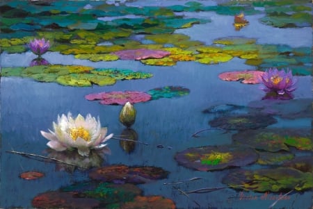 The lake - summer, flower, pink, water, victor nizovtsev, blue, art, lotus, lake, pictura, luminos, painting, green