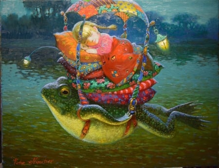 Summer dream - summer, girl, light, copil, child, dream, lantern, pictura, sleep, victor nizovtsev, red, painting, lake, art, luminos, frog