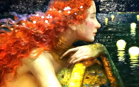 Mermaid - lake, redhead, girl, fantasy, painting, art, lantern, siren, hand, mermaid, pictura, victor nizovtsev