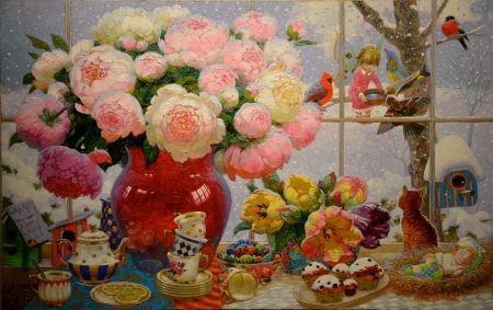 Winter dream - girl, tea, winter, child, dream, copil, rose, fantasy, cup, teapot, pink, luminos, red, cupcakes, flower, victor nizovtsev