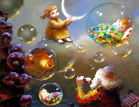 Grandmother's tales - moon, children, copil, dream, grandfather, pictura, fantasy, victor nizovtsev, painting, bubbles, fish, art, luminos, luna, cup