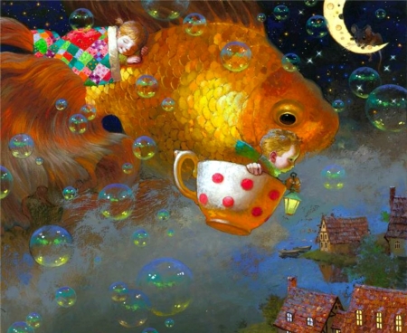 Dreaming - child, copil, bubbles, cup, victor nizovtsev, art, fantasy, pictura, golden, fish, orange, dream, luminos, painting