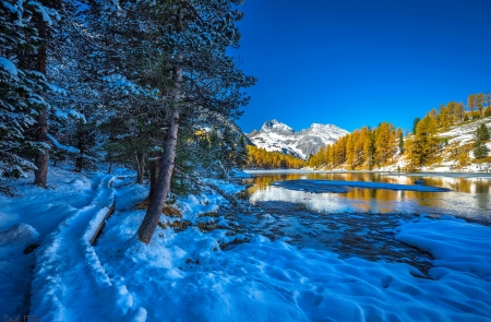 Winter landscape - lake, trees, hills, mountain, winter, rocks, reflection, beautiful, frost, snow